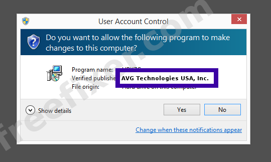 Screenshot where AVG Technologies USA, Inc. appears as the verified publisher in the UAC dialog